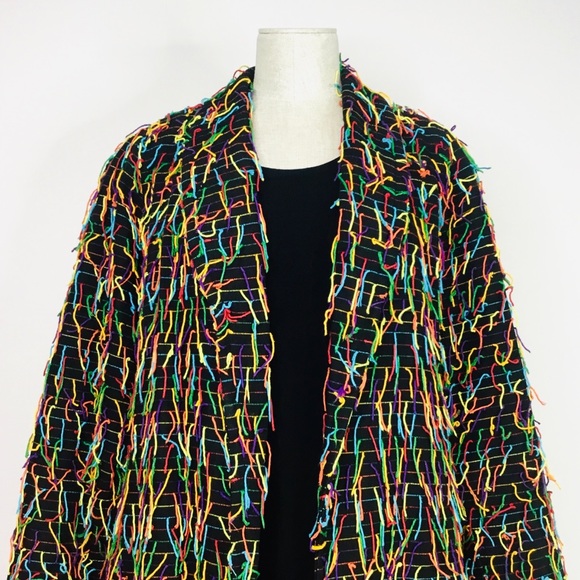 Car Pool Couture Funky Retro Black/Colorful Fringe Stripe Open-Front Blazer Larg - Picture 3 of 12